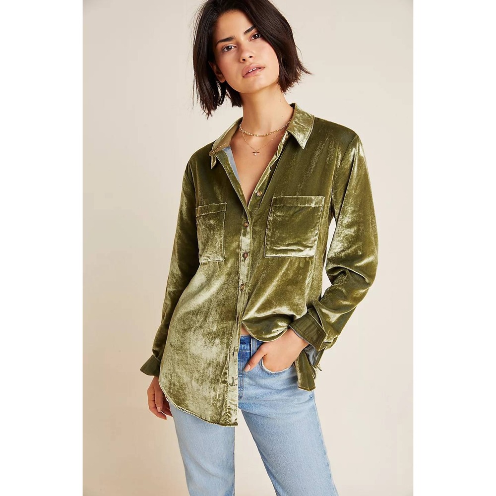 Maeve by Anthropologie Karina Velvet Buttondown Shirt Moss Green Size 4